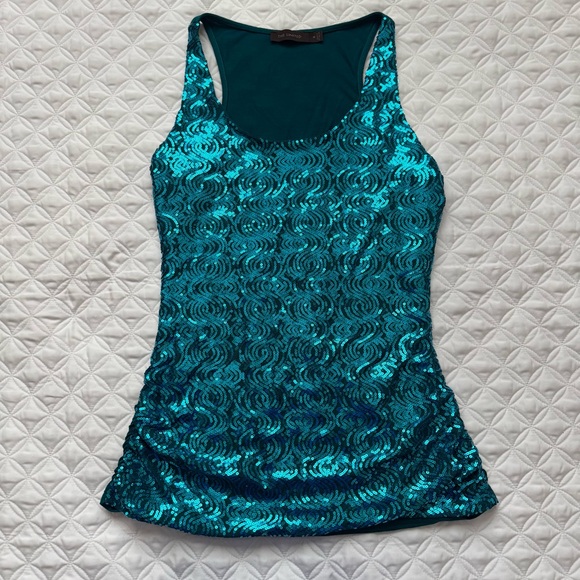 The Limited Tops - The Limited Teal Blue Sequin Front Racer Back Tank Top Side Ruched Size M